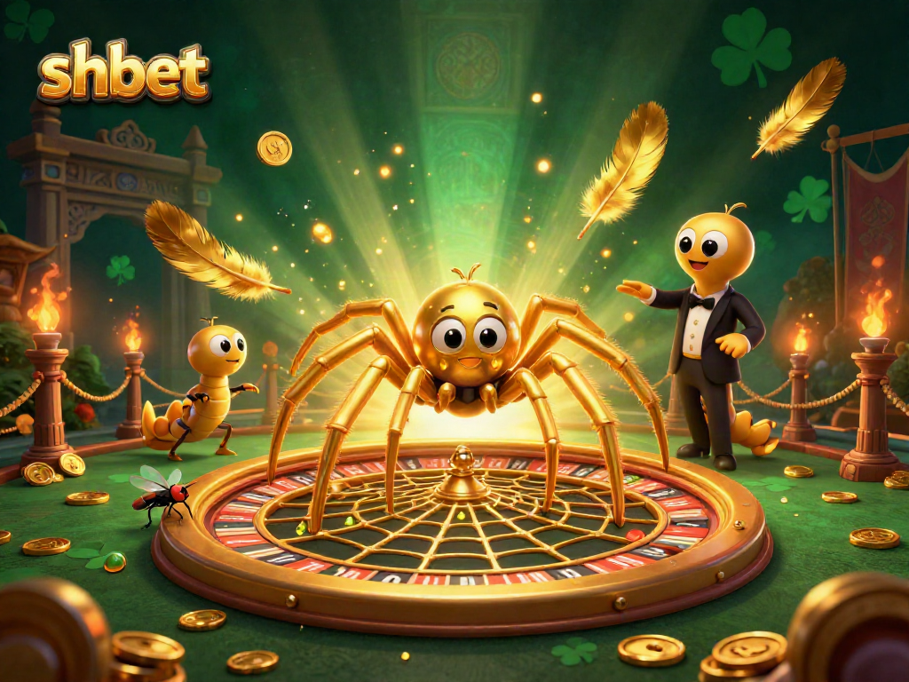 shbet illustration highlights a golden spider as a croupier in a dynamic roulette web betting scene.