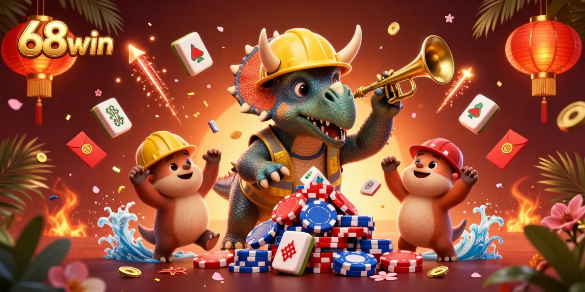 Experience 68win's thrilling casino atmosphere with giant poker chips and celebration!