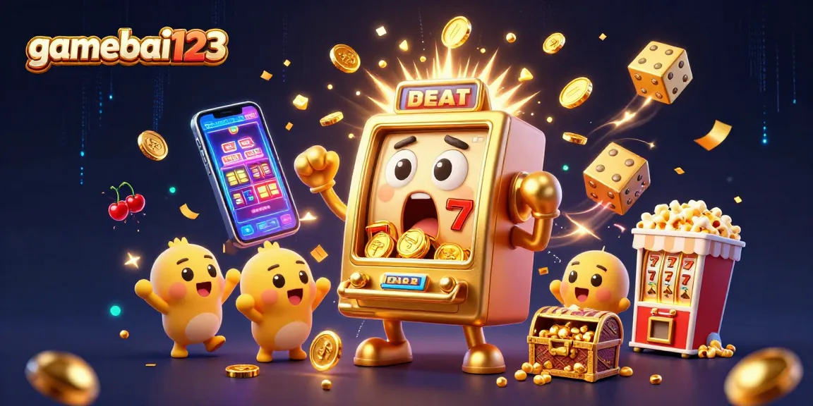 Win exciting jackpots in gamebai123 with vibrant 3D illustrations of slot machines and coins