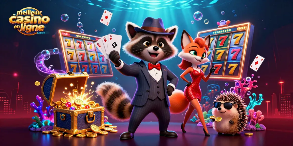 Illustration représentant le meilleur casino en ligne France avec un raton laveur en costume tenant une main gagnante.
