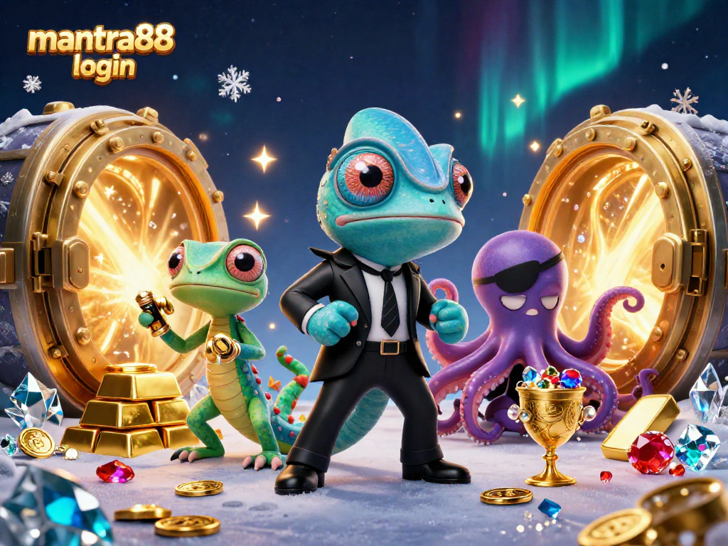Spin to win with mantra88 login, featuring a vibrant 3D scene of a playful secret agent chameleon, a tech-gecko, and a villainous octopus.