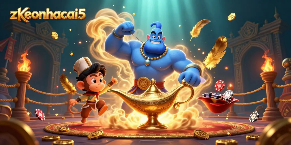 Experience excitement with zkeonhacai5 as a blue genie emerges in a vibrant casino scene.