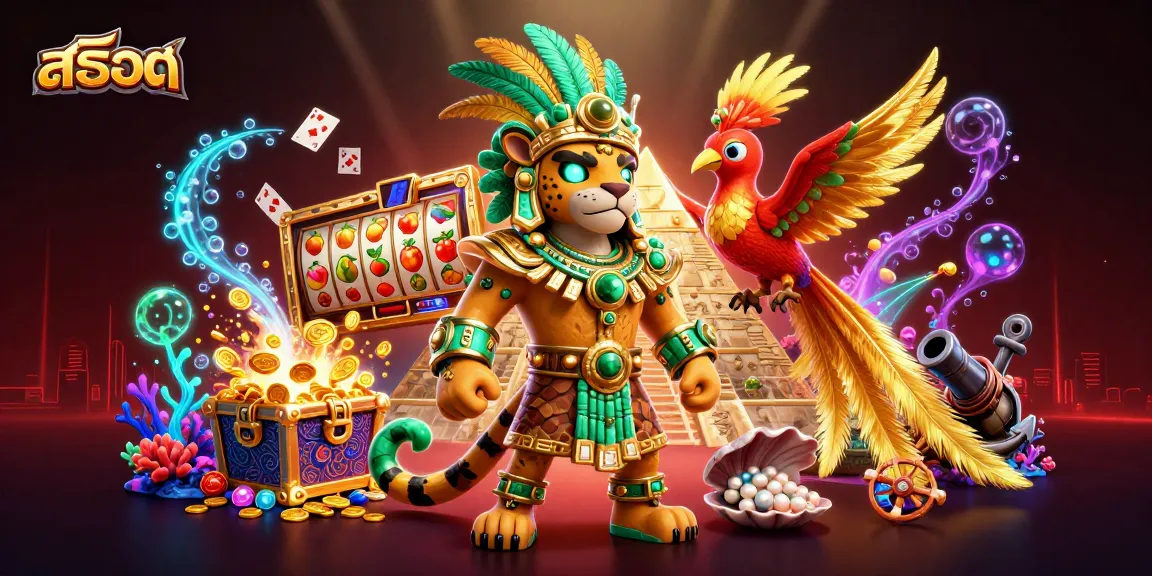 Immerse in the vibrant world of สล็อต with a 3D illustration of a Mayan jaguar priest and casino elements.