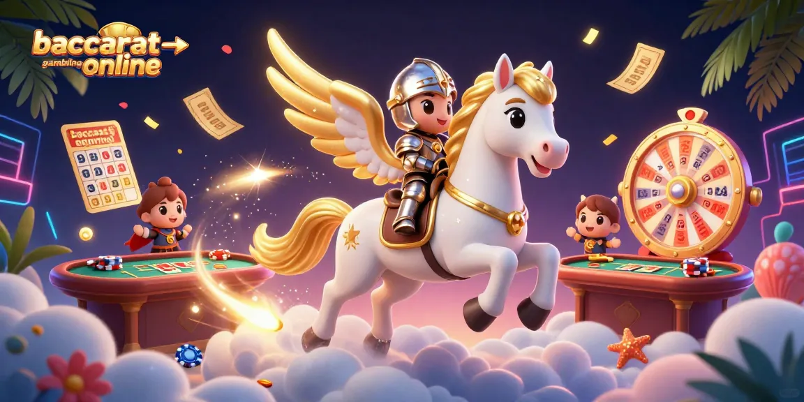 Baccarat-gambling-online showcases exciting gameplay with a celestial knight on a horse, surrounded by colorful casino elements.