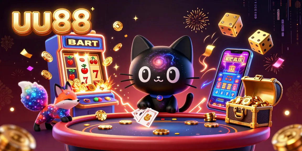 uu88 engages players with a cosmic cat and colorful fox in a vibrant casino scene filled with winnings.