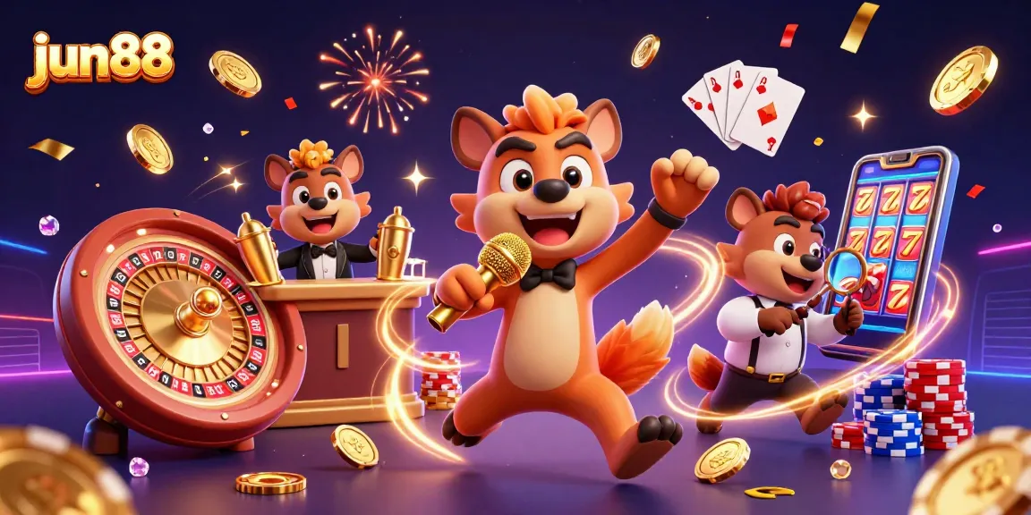 Engage with exciting gaming moments at jun88 with vibrant cartoon elements and casino activities.