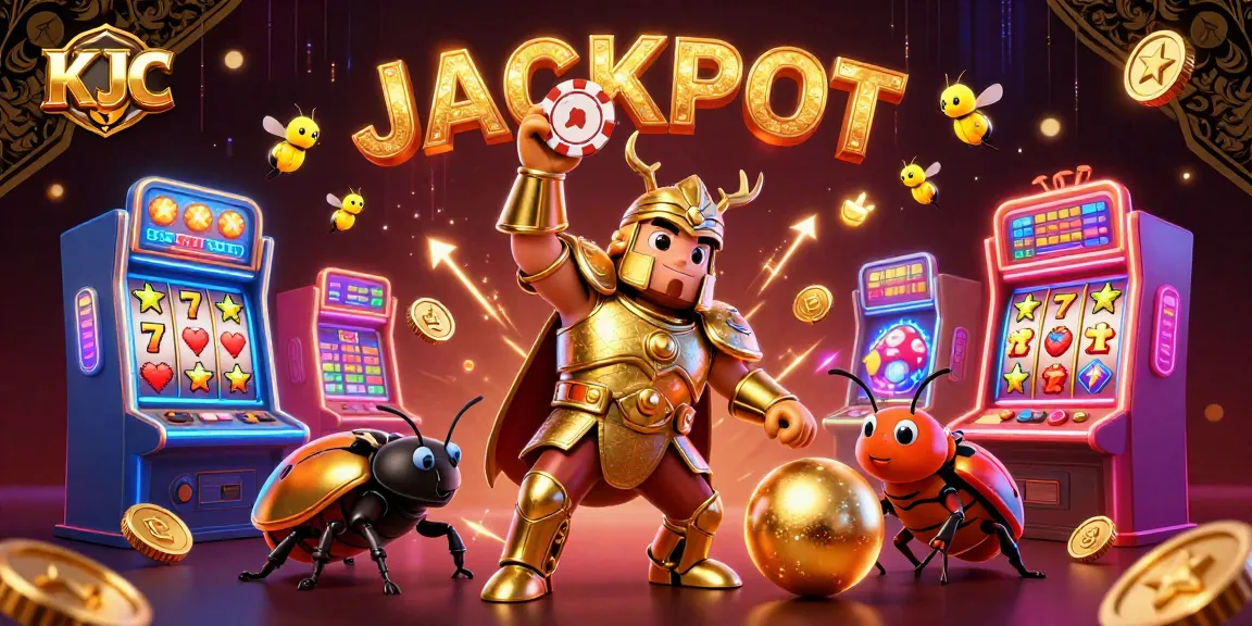 KJC introduces a victorious beetle lifting a poker chip amidst vibrant casino elements.
