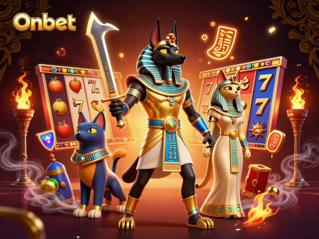 Engage with Onbet's vibrant gaming world featuring Anubis and Bastet in a casino adventure.