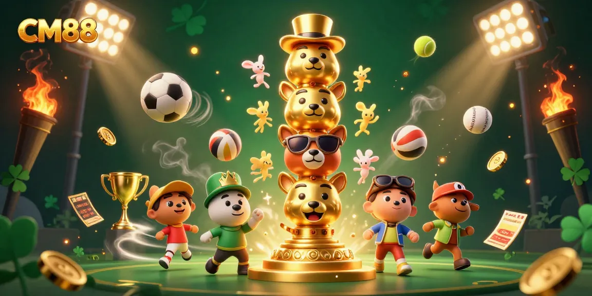 Engage with CM88's vibrant 3D casino art, showcasing golden totem pole with dynamic sports elements.