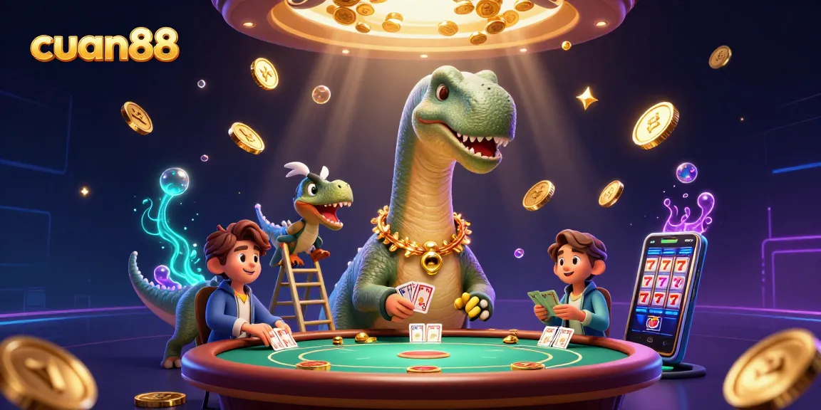 Experience the thrill of cuan88 with a vibrant casino scene featuring a brontosaurus and raptor dealing cards.