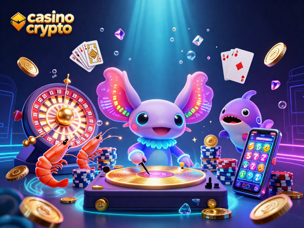 Joignez-vous à l'aventure dans un casino crypto avec un axolotl DJ vibrant, des créatures marines dansantes et des jetons dorés s'envolant.