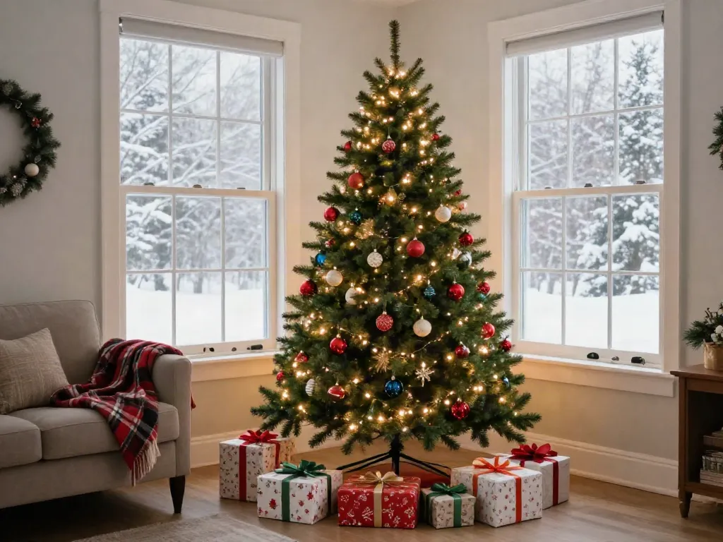 Decorated slim Christmas tree in cozy living room with gifts and festive decor