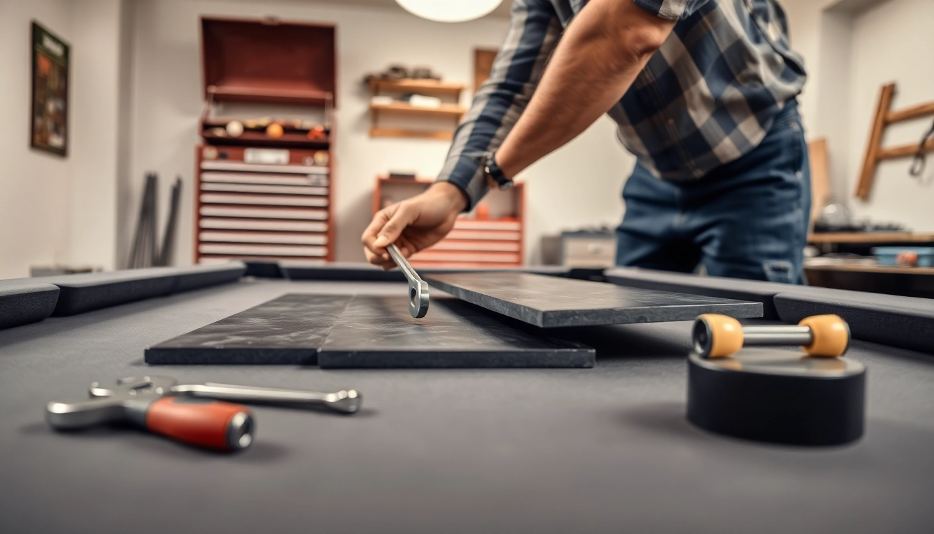 Pool Table Disassembly process with expert technician and tools in workshop setting.