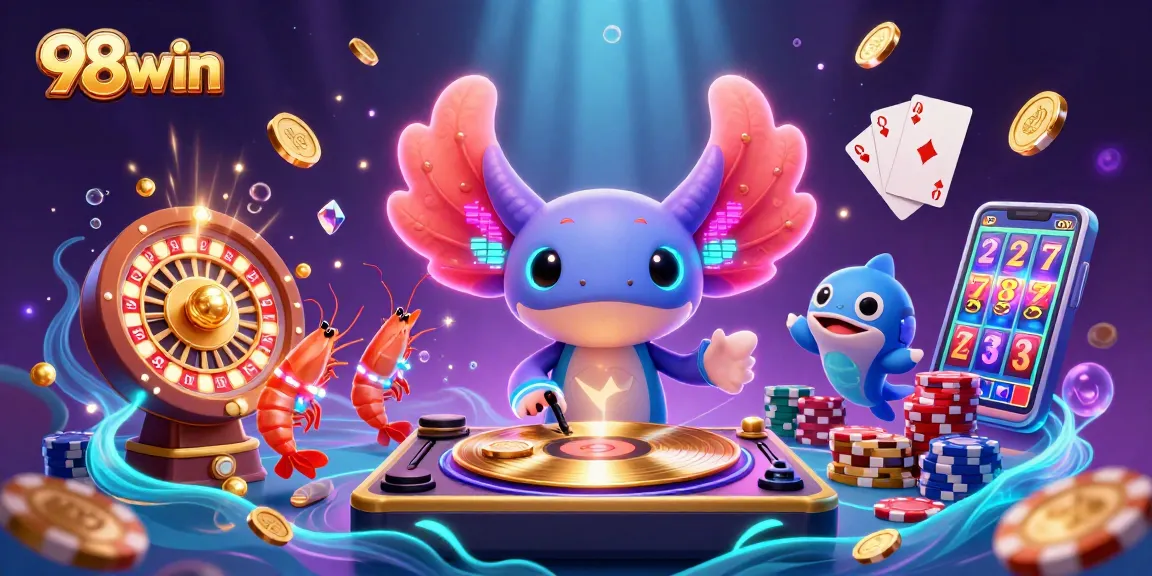 Join the fun at 98win with a vibrant casino scene featuring dynamic games and colorful characters.