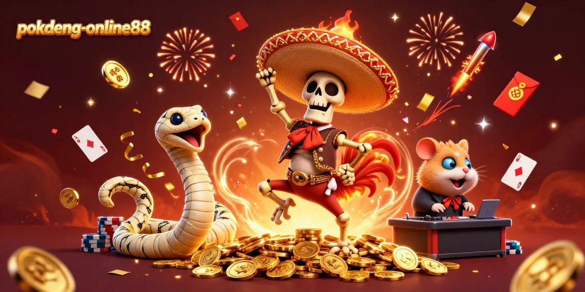 Experience the excitement of pokdeng-online88 as characters celebrate around poker cards and coins, capturing thrilling moments.