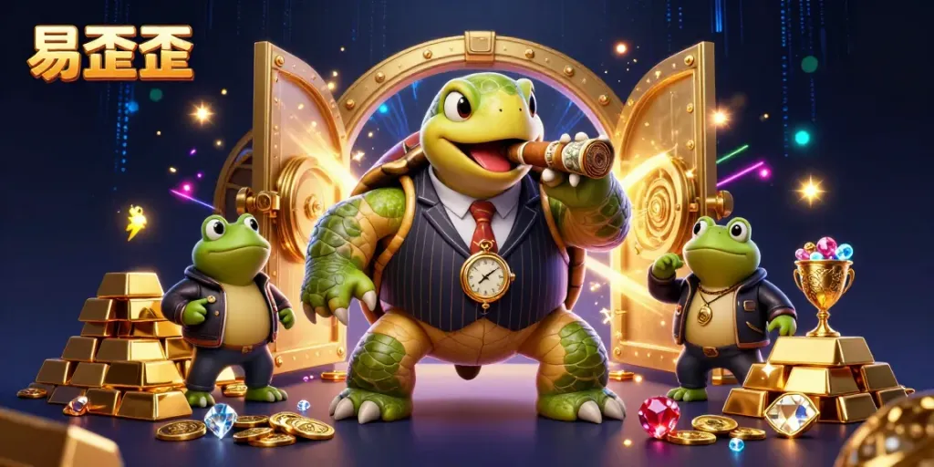 Engage in exciting gambling action with 易歪歪, showcasing a turtle in a gangster suit amid gold and treasures.