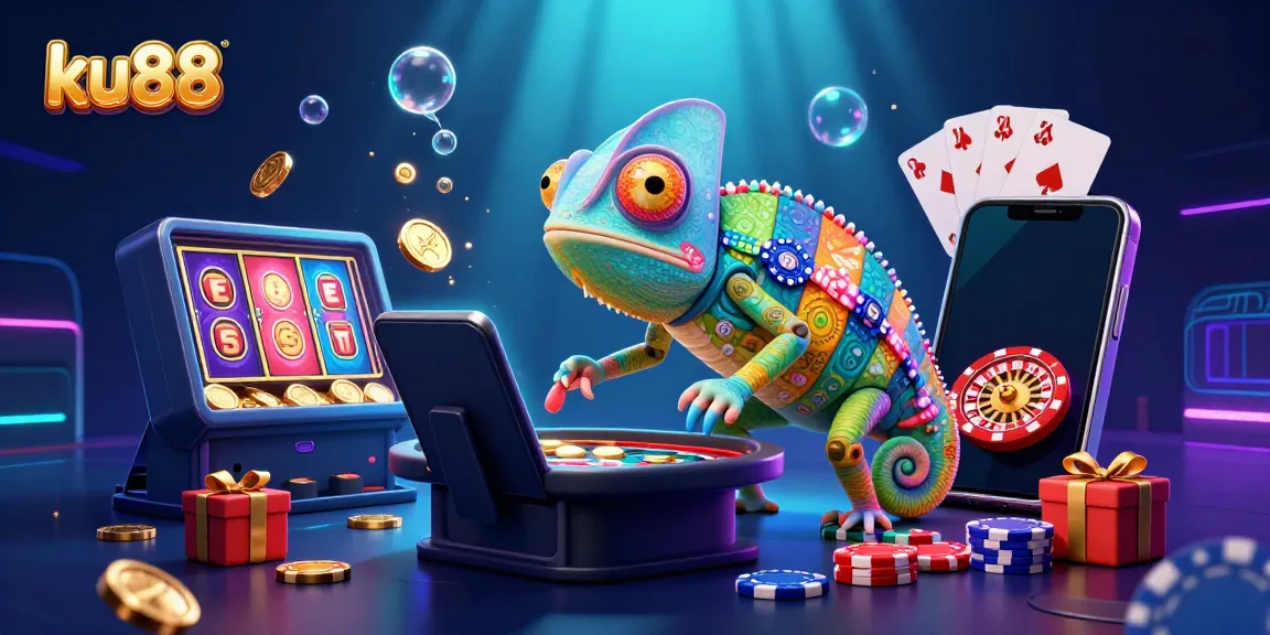 Experience the vibrant online gaming world of ku88 as the chameleon casino owner captures golden coins and colorful slot games.