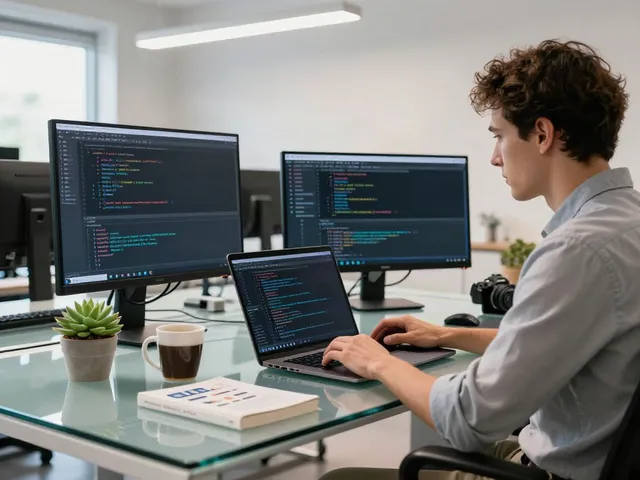 Brave developer coding in a modern office workspace with multiple screens and natural light.
