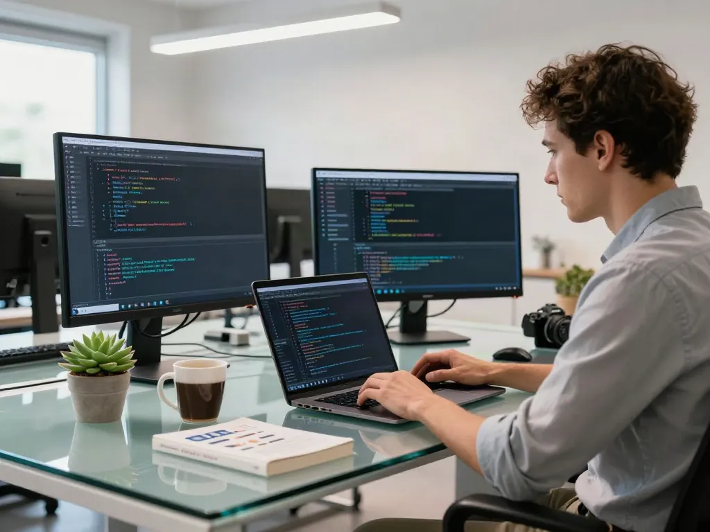 Brave developer coding in a modern office workspace with multiple screens and natural light.