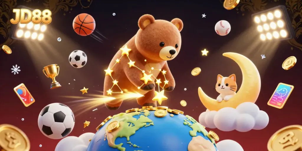 Experience dynamic gameplay with JD88 illustrated in 3D, featuring a constellation bear and sports elements.