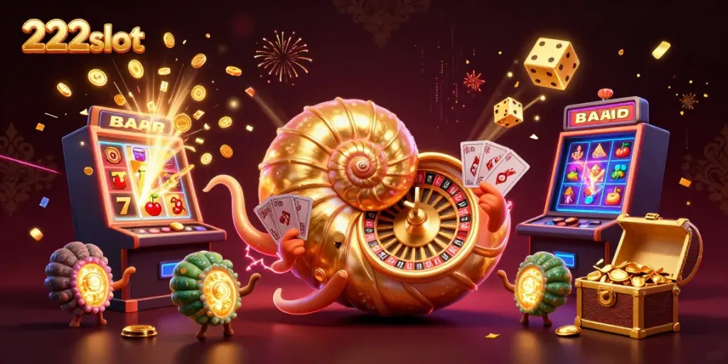 Permainan slot 222slot dengan nautilus dan lampu emas, mempersembahkan jackpot menarik.