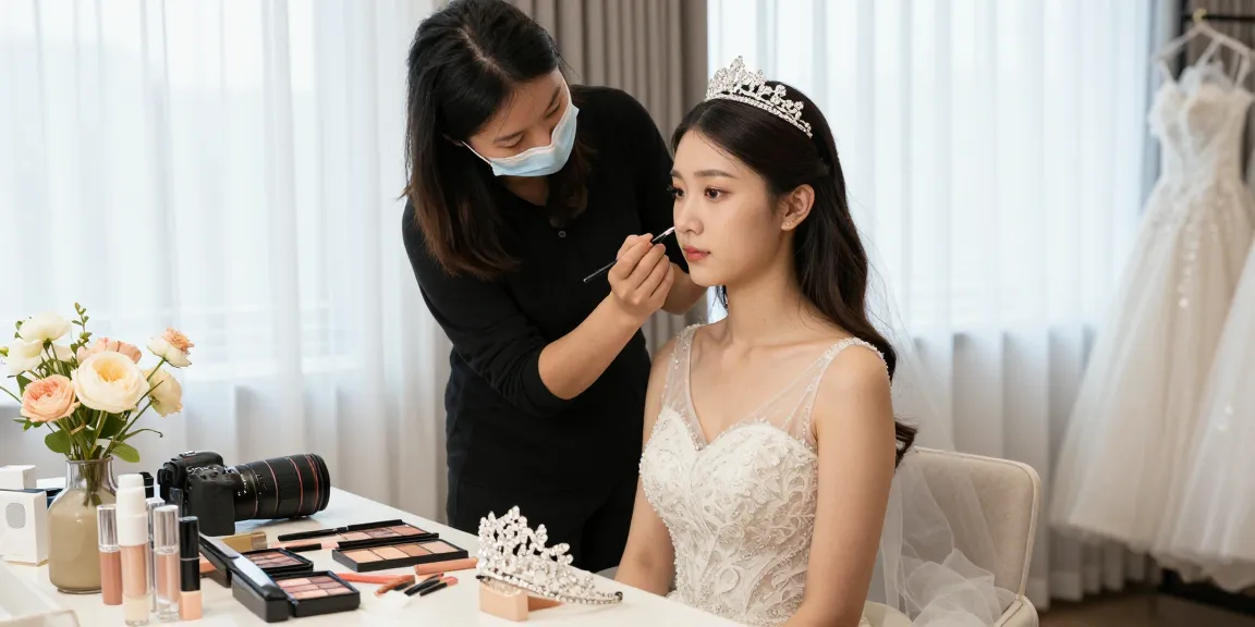 Trucco sposa applicato da un truccatore professionista a una sposa in una lussuosa suite nuziale.