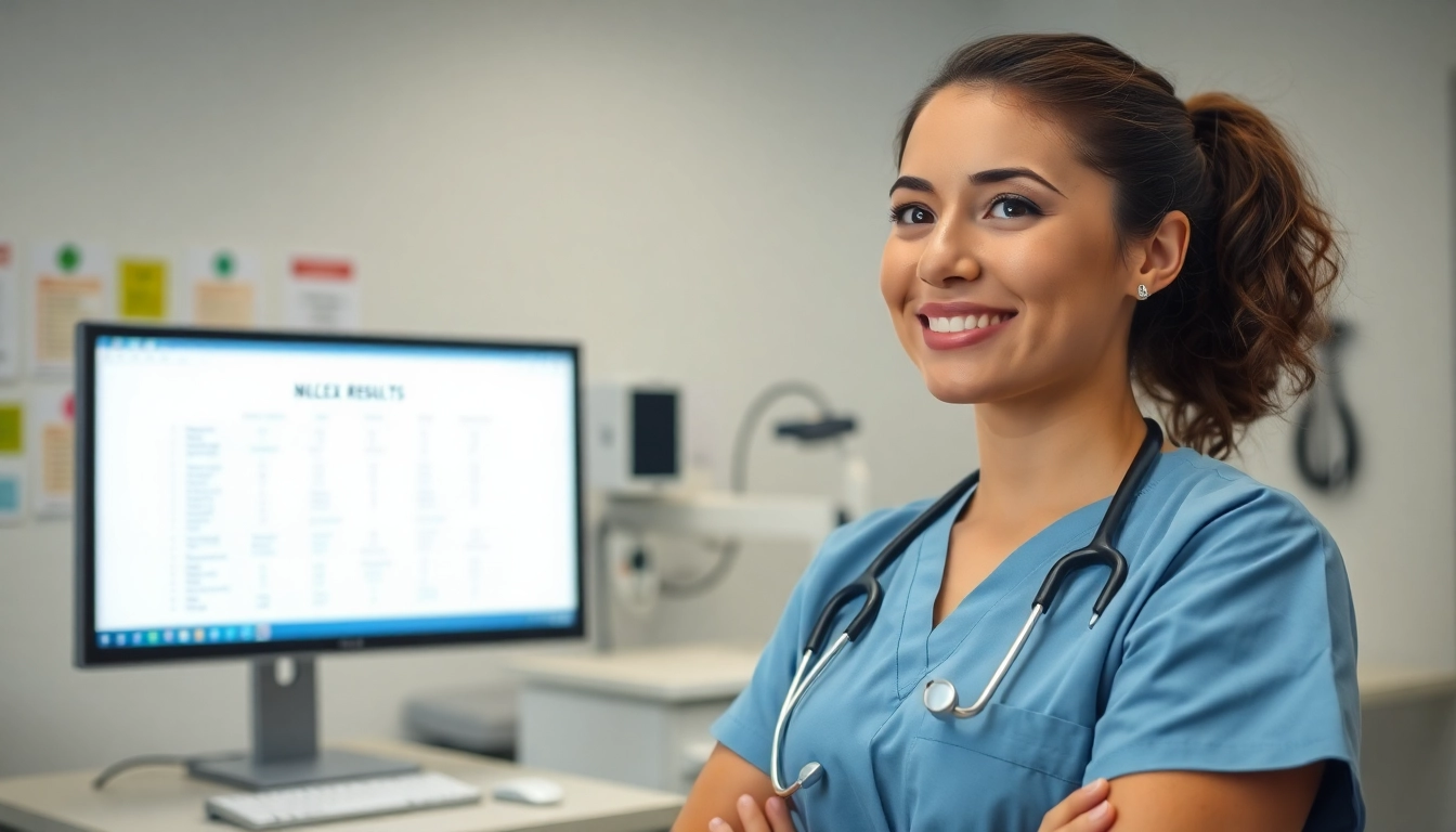 View of a nurse eagerly checking Past Nclex fast results on a computer in a bright exam room.