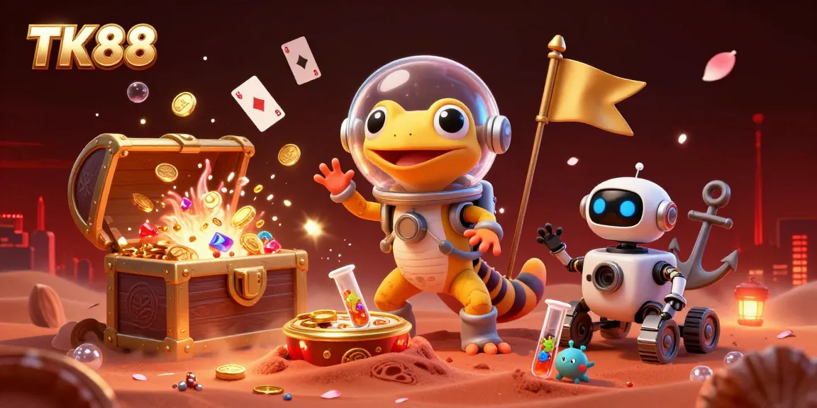Join the TK88 adventure at a golden casino where a Martian hero discovers treasures, celebrating with excitement.
