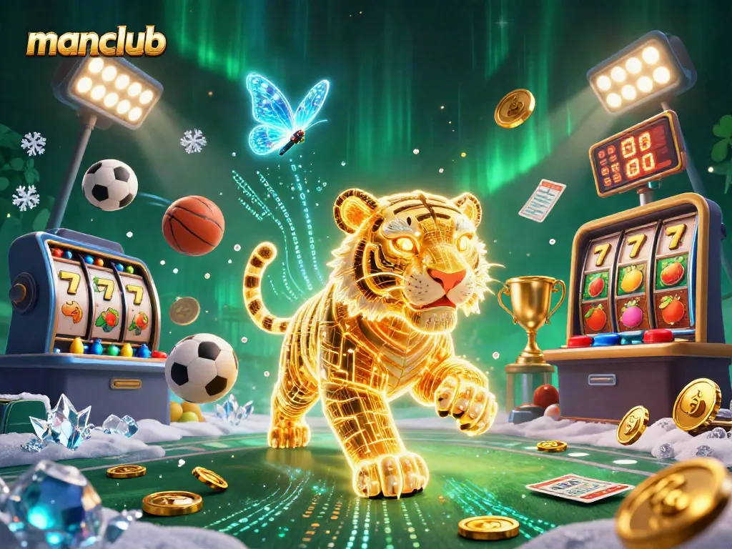 Experience the vibrant energy of manclub in a dazzling casino landscape full of games and sports elements.