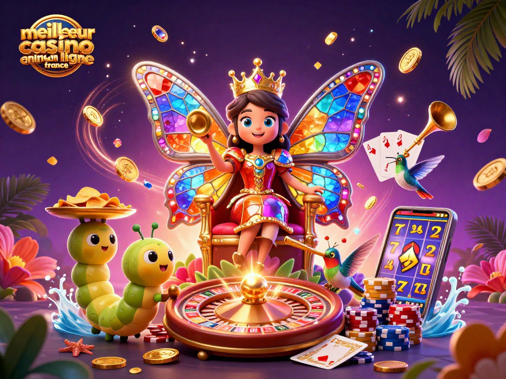 Illustration dynamique du meilleur casino en ligne France avec une reine papillon colorée au trône, des jetons dorés et des éléments de jeu captivants.