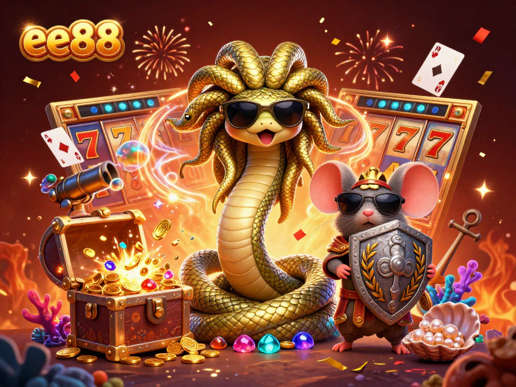 Spin the reels with the charming Medusa and warrior mouse in this vibrant ee88 casino scene.