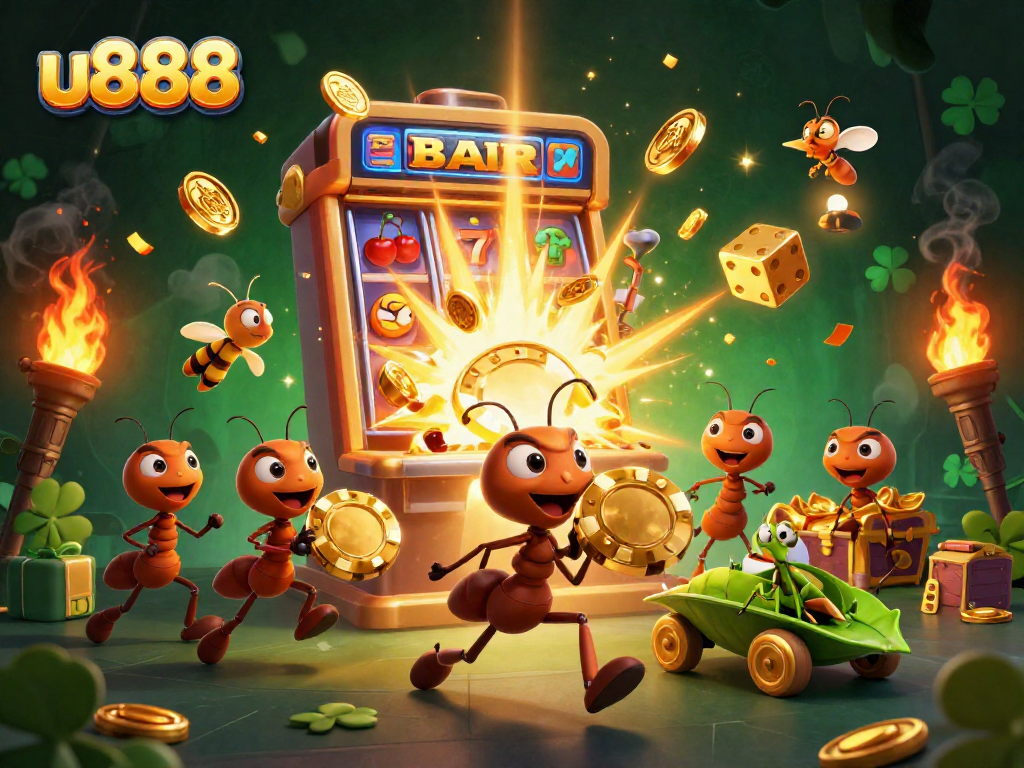 Experience the excitement of u888 with cartoon ants stealing a giant poker chip, surrounded by bright casino elements.