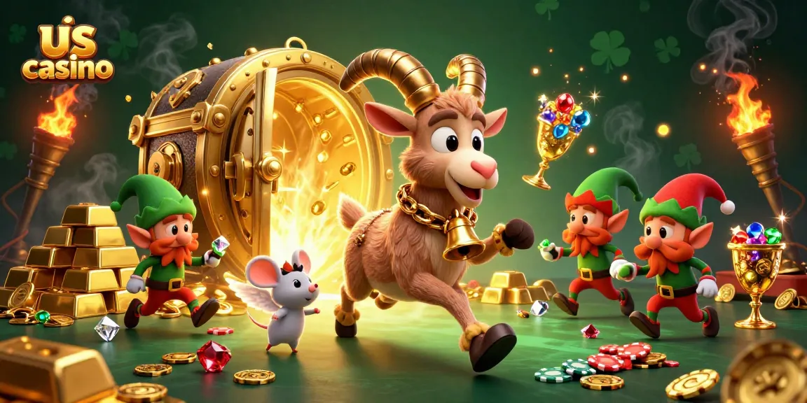 Experience the thrill of us casino with Krampus, angel mouse, and gremlin in a vibrant, festive scene.