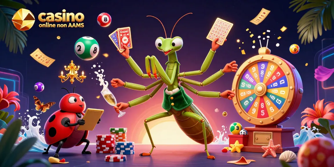 Immagine di un casinò online non AAMS con un cameriere mantide gigante che distribuisce carte insieme a una coccinella responsabile, circondati da palline della lotteria e un'atmosfera vivace.