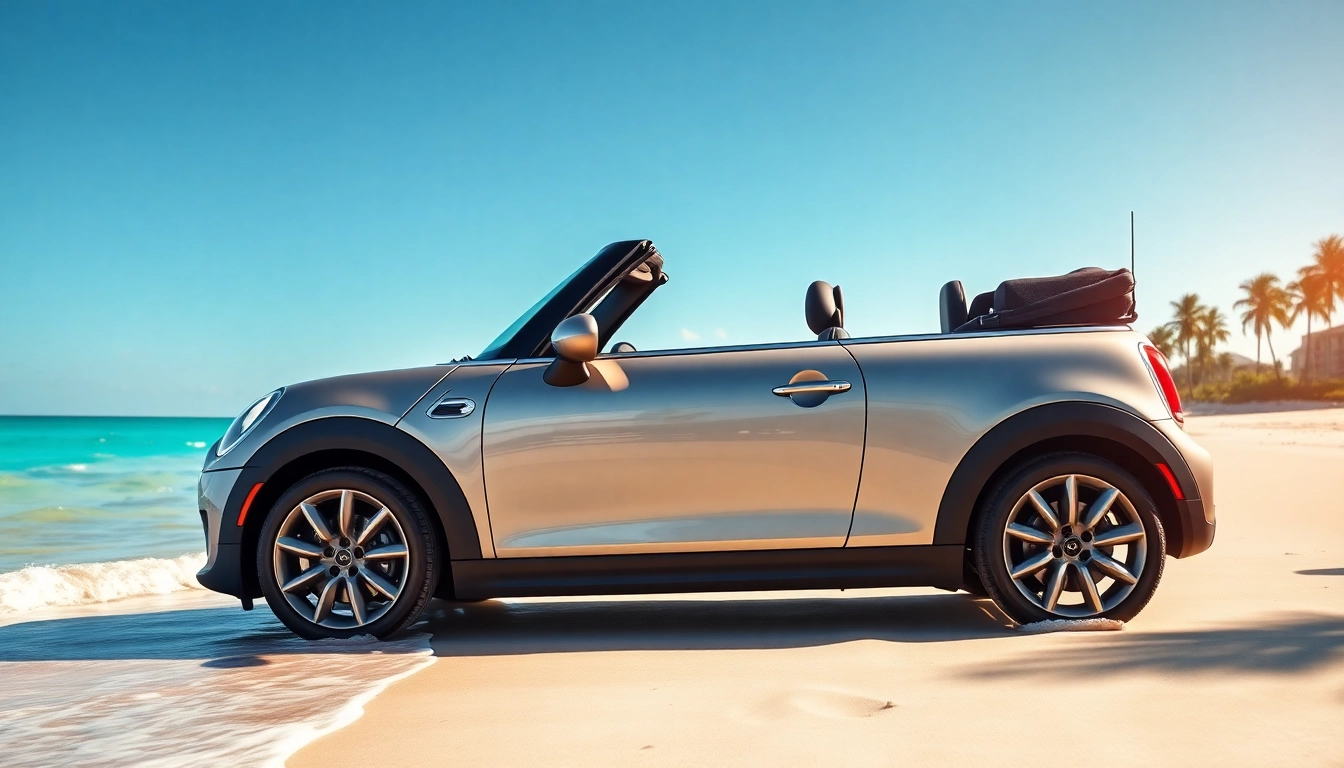 Enjoy the scenic view of a mini cooper convertible st barts parked on a sunny beach.