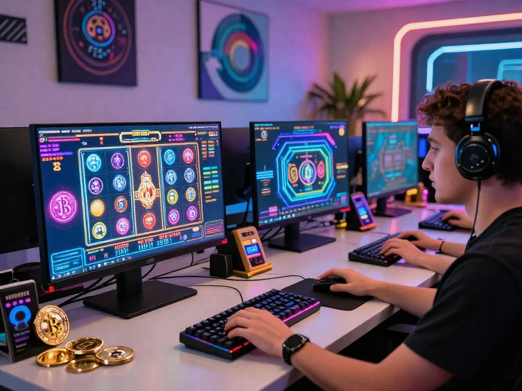 Engaging crypto casino gaming setup with vibrant screens and neon decor, highlighting online gaming excitement.