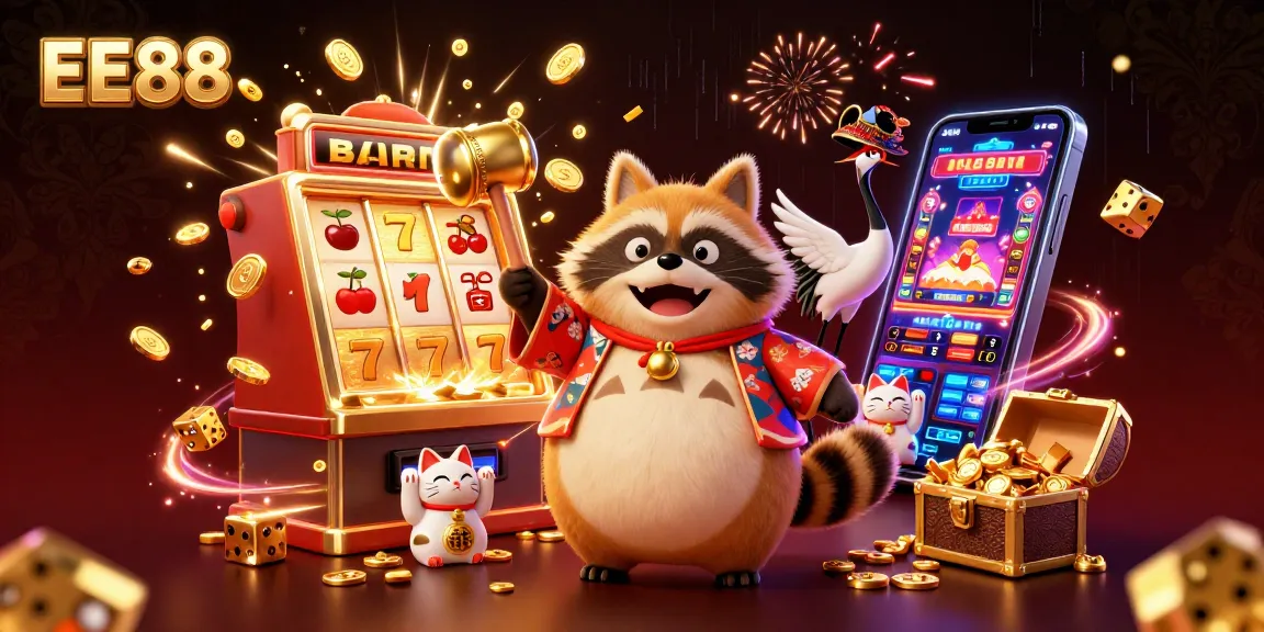 Experience the thrill of EE88 with a dynamic 3D casino scene featuring a tanuki and a slot machine jackpot.