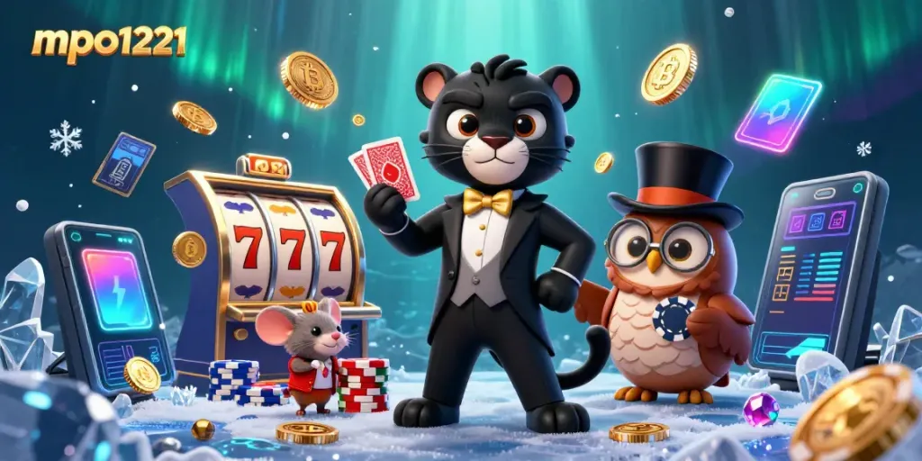 Experience mpo1221 excitement as a stylish panther deals cards, with vibrant gaming elements surrounding.