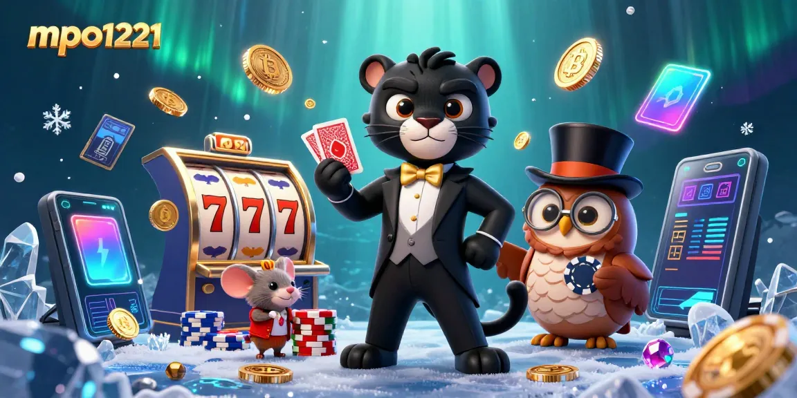 Experience mpo1221 excitement as a stylish panther deals cards, with vibrant gaming elements surrounding.