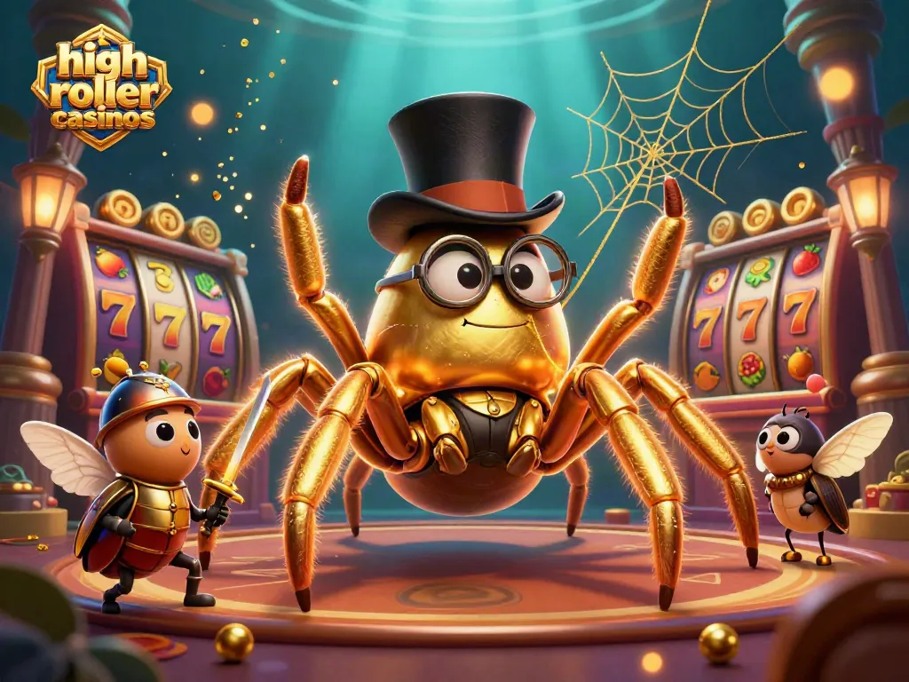 Experience high roller casinos with a giant golden tarantula in a vivid 3D scene surrounded by slot reels.