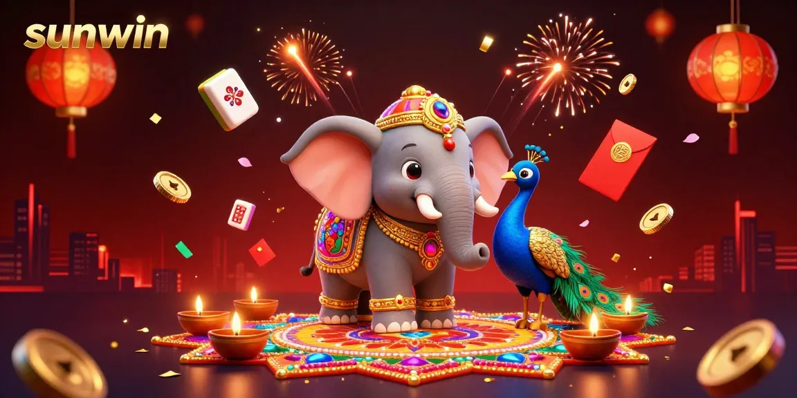 Experience the excitement of sunwin with a colorful and festive 3D casino illustration featuring rich elements and dynamic characters.