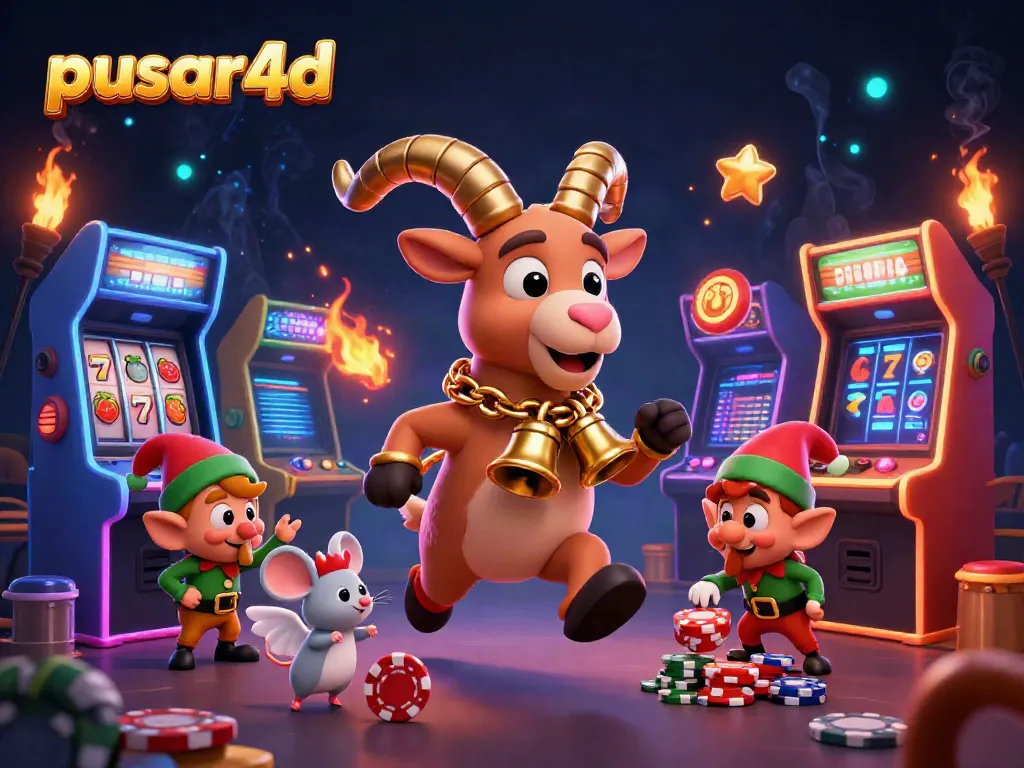 Engage with pusar4d at a vibrant casino scene featuring characters and slot machines.