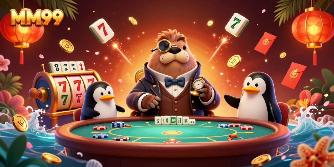 Play with MM99 in a vibrant 3D underwater poker scene with a walrus, penguin dealer, and pufferfish.