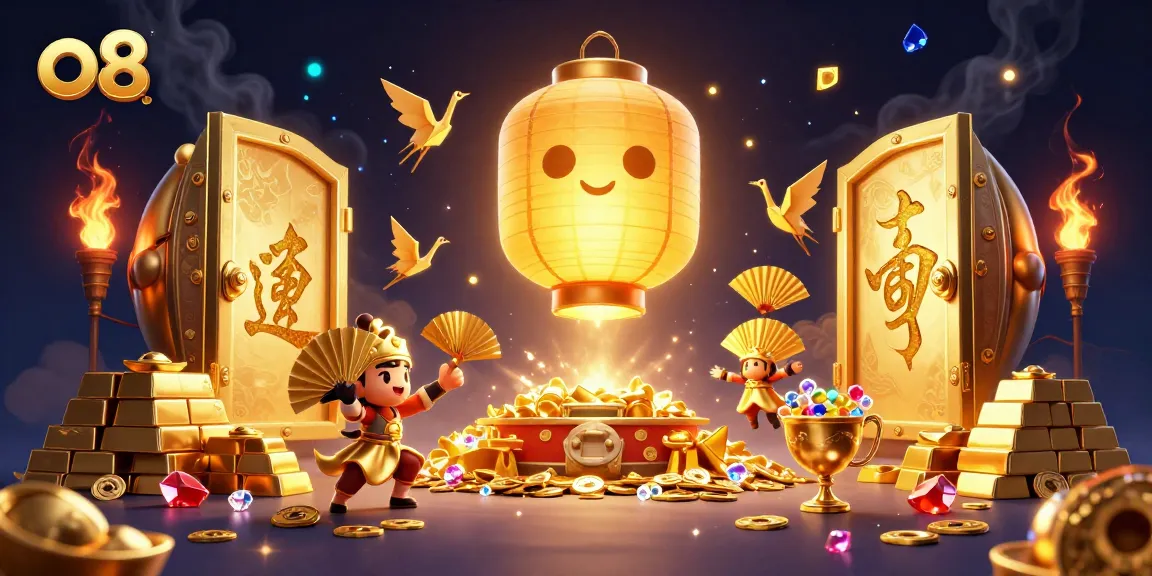Experience thrilling wins at O8's vibrant casino with animated golden characters and treasure elements.