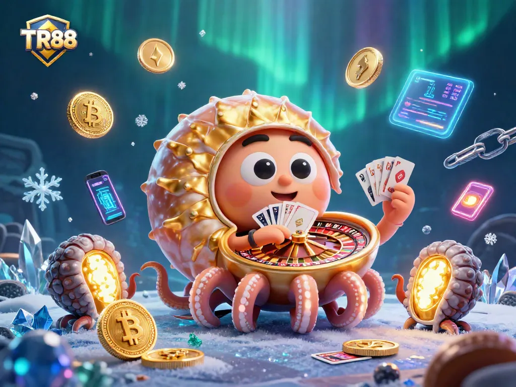 Spin the TR88 roulette wheel with cards and crypto coins in an enchanting casino scene.