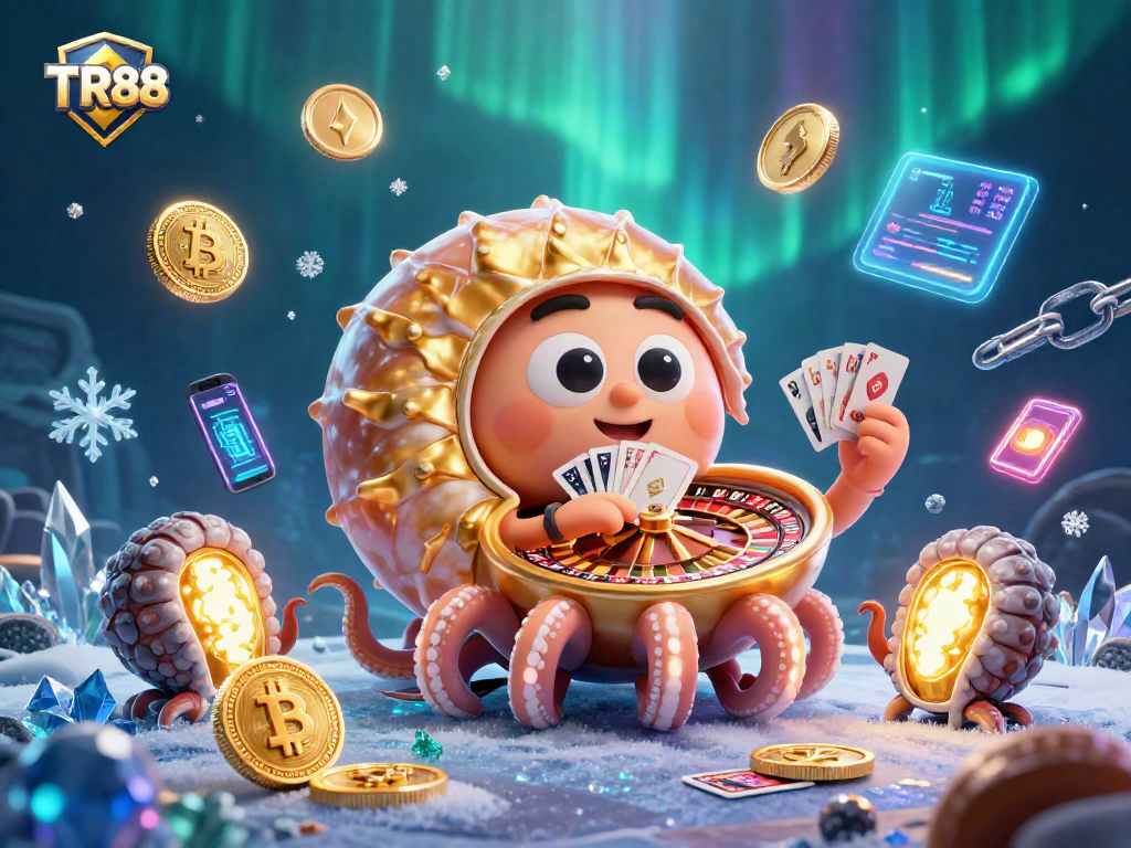 Spin the TR88 roulette wheel with cards and crypto coins in an enchanting casino scene.