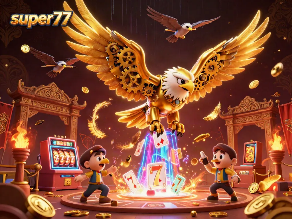 Experience thrilling entertainment with super77 through this vibrant 3D casino illustration depicting golden eagle and slot games.