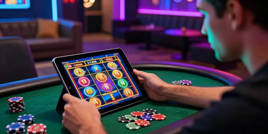 A player enjoying slot thailand games on a tablet in a modern casino setting.