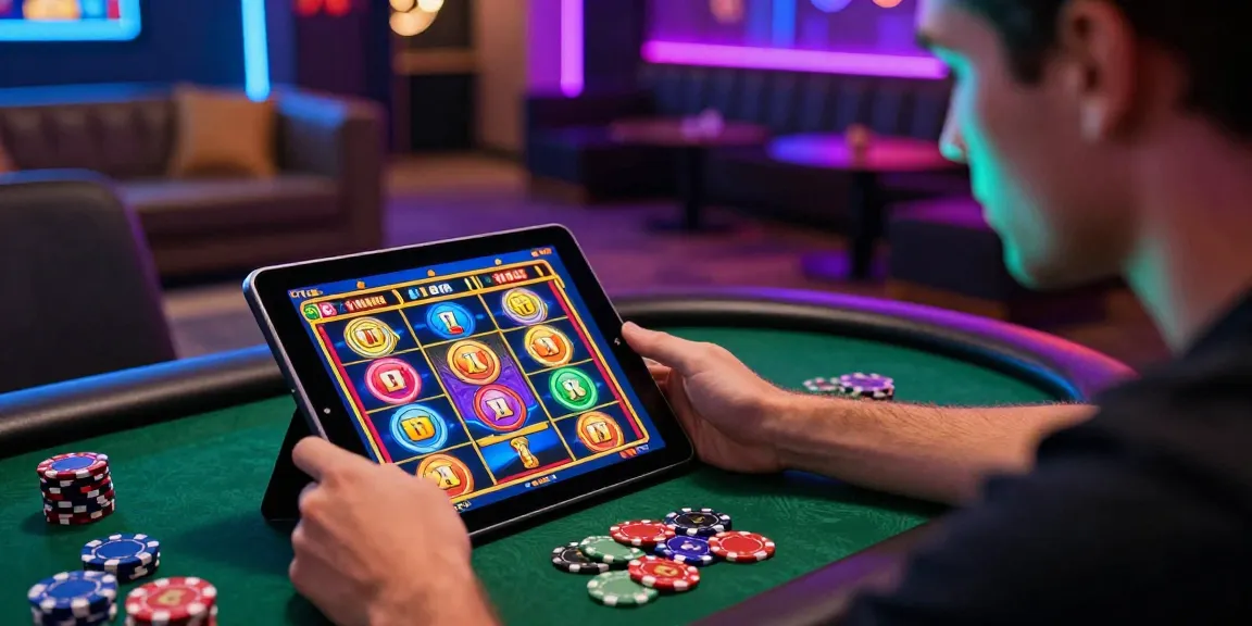 A player enjoying slot thailand games on a tablet in a modern casino setting.