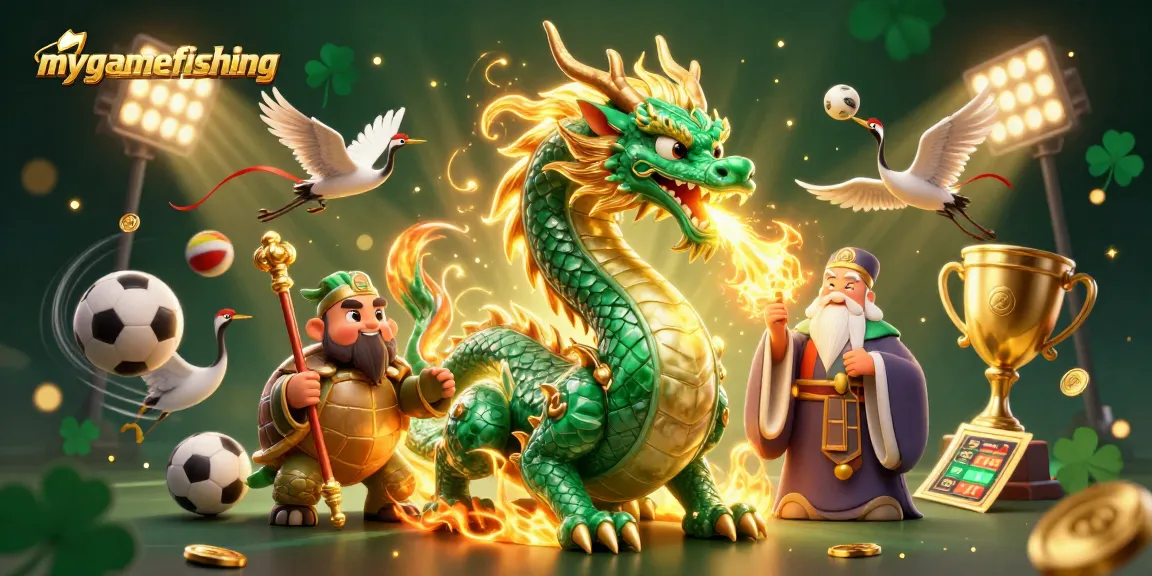 Engage in mygamefishing with a vibrant 3D scene featuring a jade dragon, lucky cranes, and dynamic sports elements.